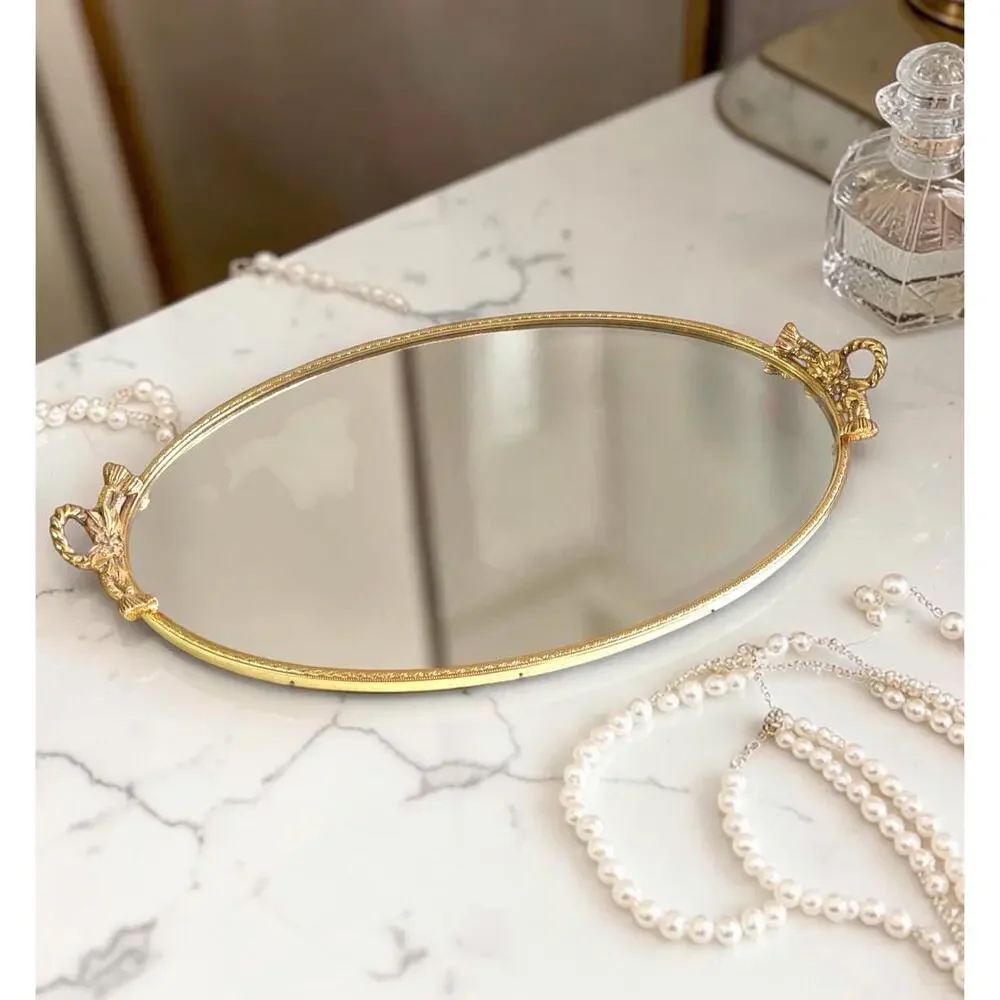 Vintage Stylebuilt MCM Hollywood Regency Gold Vanity Mirror Rope Tassels